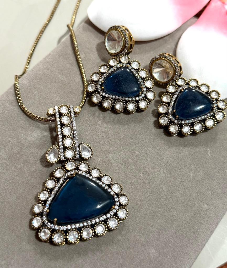 Gold Plated Pendant Necklace Set with Monzonite Stones, Statement Jewelry with Earrings