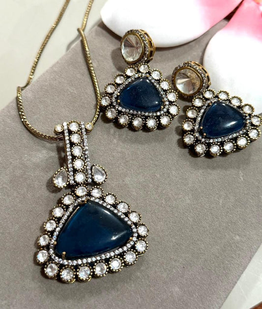 Gold Plated Pendant Necklace Set with Monzonite Stones, Statement Jewelry with Earrings