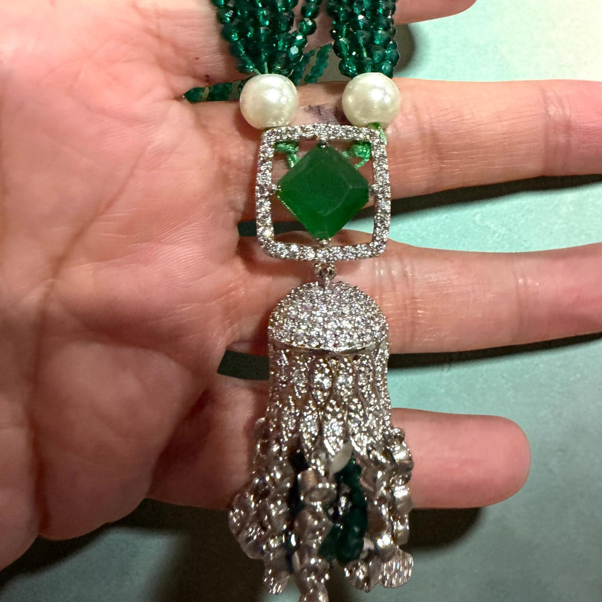 Designer Emerald Green Beaded Necklace Set with Coordinating Tassel Earrings