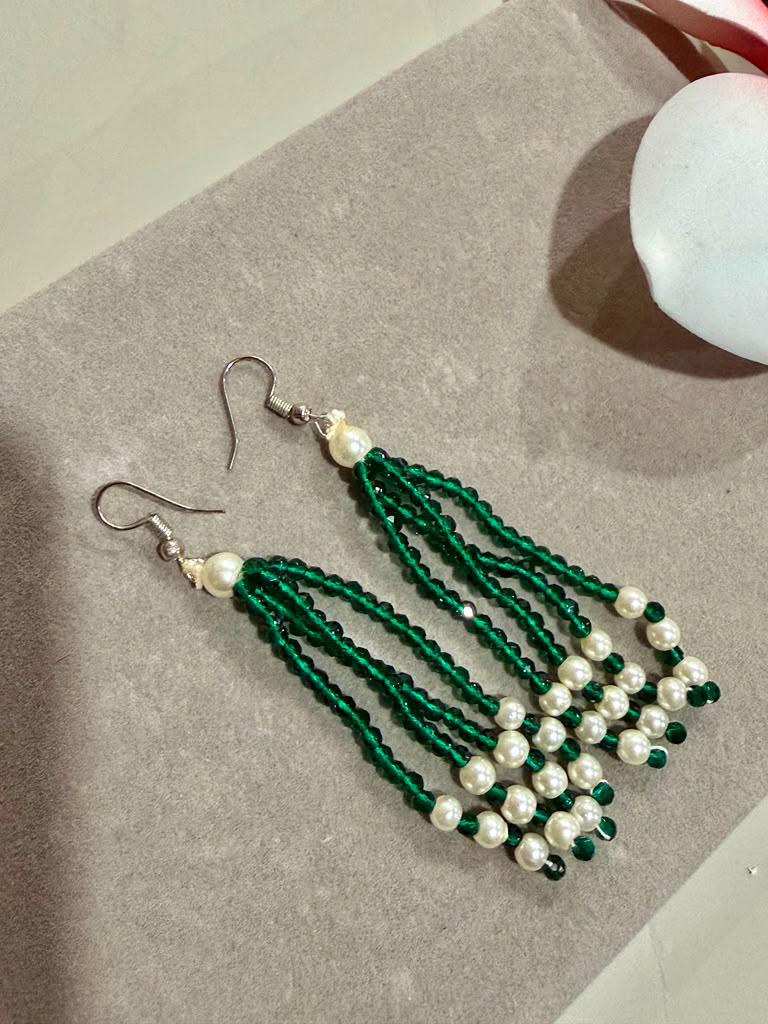 Designer Emerald Green Beaded Necklace Set with Coordinating Tassel Earrings