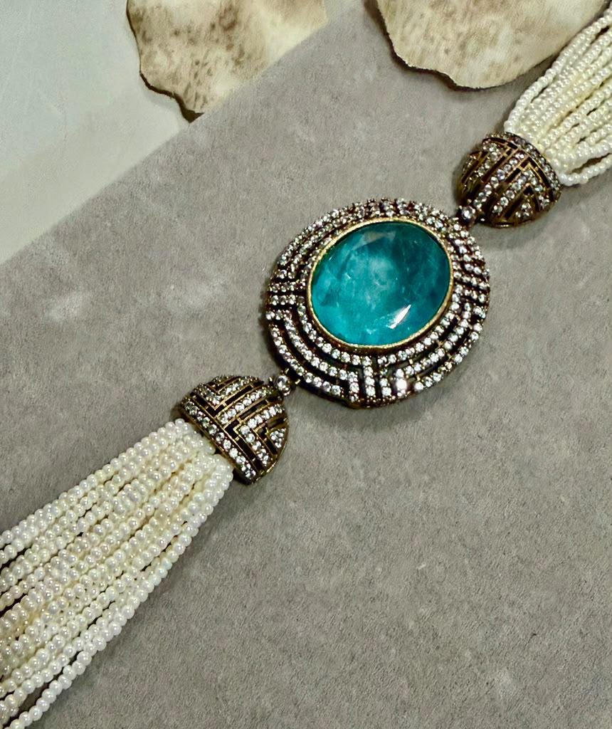 Vintage Style antique Finish Necklace Set Featuring Aqua Blue choker set with studs