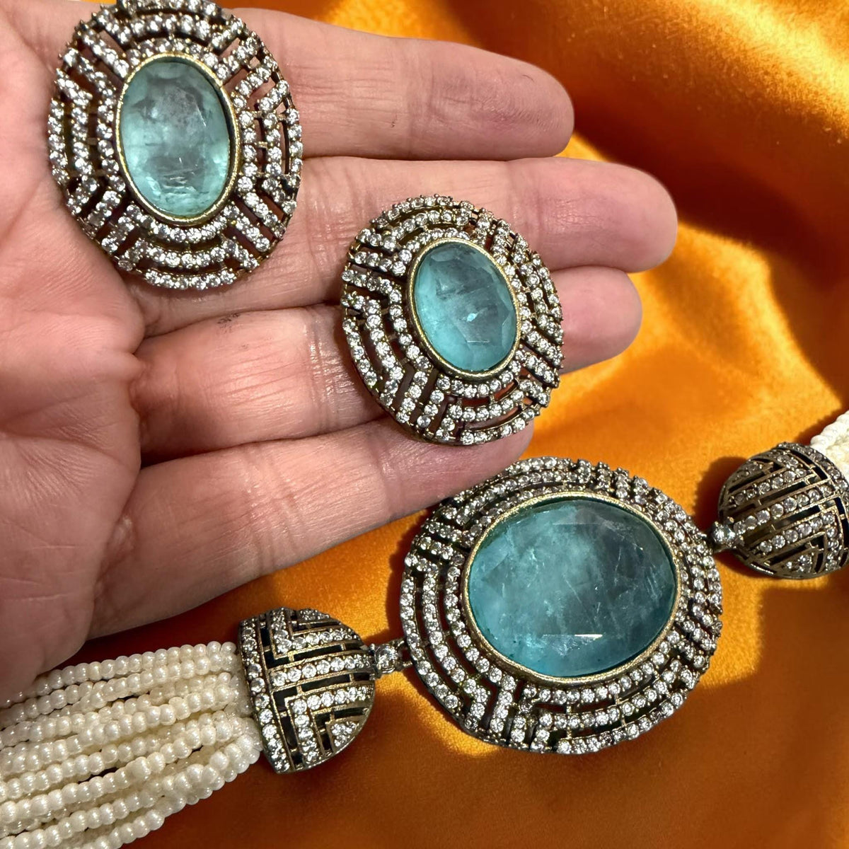 Vintage Style antique Finish Necklace Set Featuring Aqua Blue choker set with studs