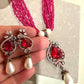 Antique Finish Necklace Set with Ruby Pink Pendant and Pearl Earrings
