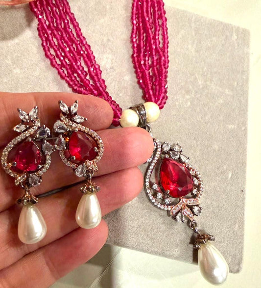 Antique Finish Necklace Set with Ruby Pink Pendant and Pearl Earrings