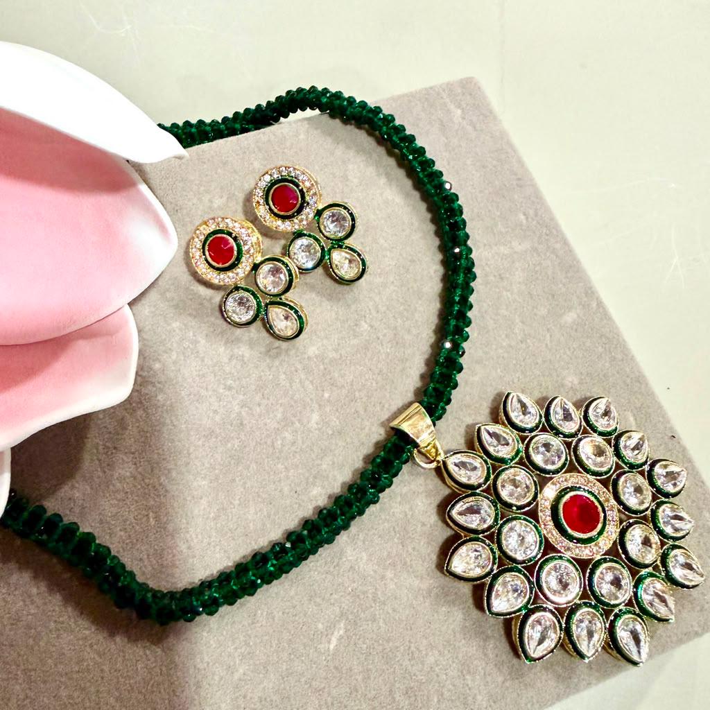Boho Ethnic Jewelry Set Featuring Emerald Green Strand Necklace, Floral Pendant and Red Stud