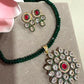 Boho Ethnic Jewelry Set Featuring Emerald Green Strand Necklace, Floral Pendant and Red Stud