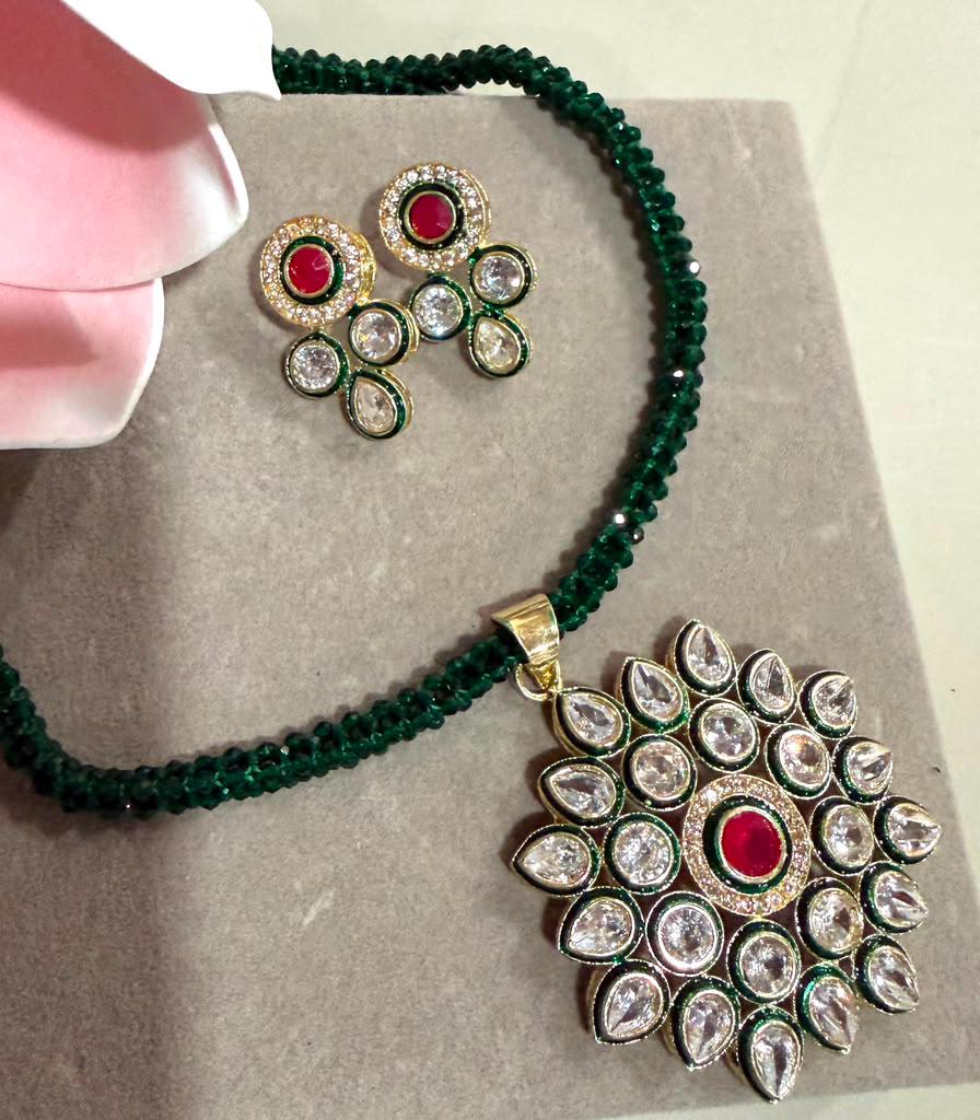 Boho Ethnic Jewelry Set Featuring Emerald Green Strand Necklace, Floral Pendant and Red Stud