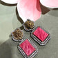 Rhodium Finish Earrings with Blush Pink Geometric Panels, CZ Border and Lion Stud Design