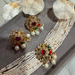 Layered White Beaded Choker/ Necklace with Gold Plated Multicolor Pendant And Pearl Drops Earrings