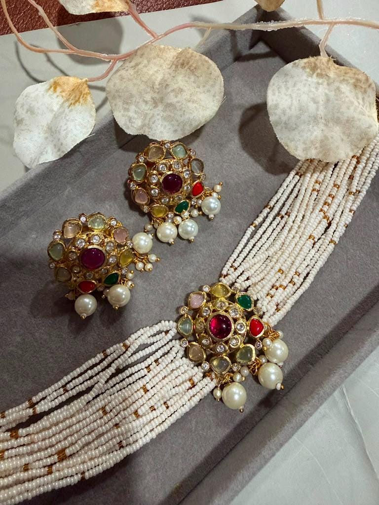 Layered White Beaded Choker/ Necklace with Gold Plated Multicolor Pendant And Pearl Drops Earrings