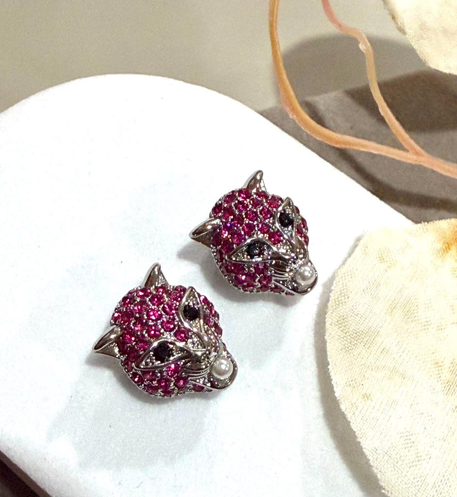 Designer Panther Head Earrings with Ruby Pink CZ Stones, Rhodium Finish Animal Inspired Stud