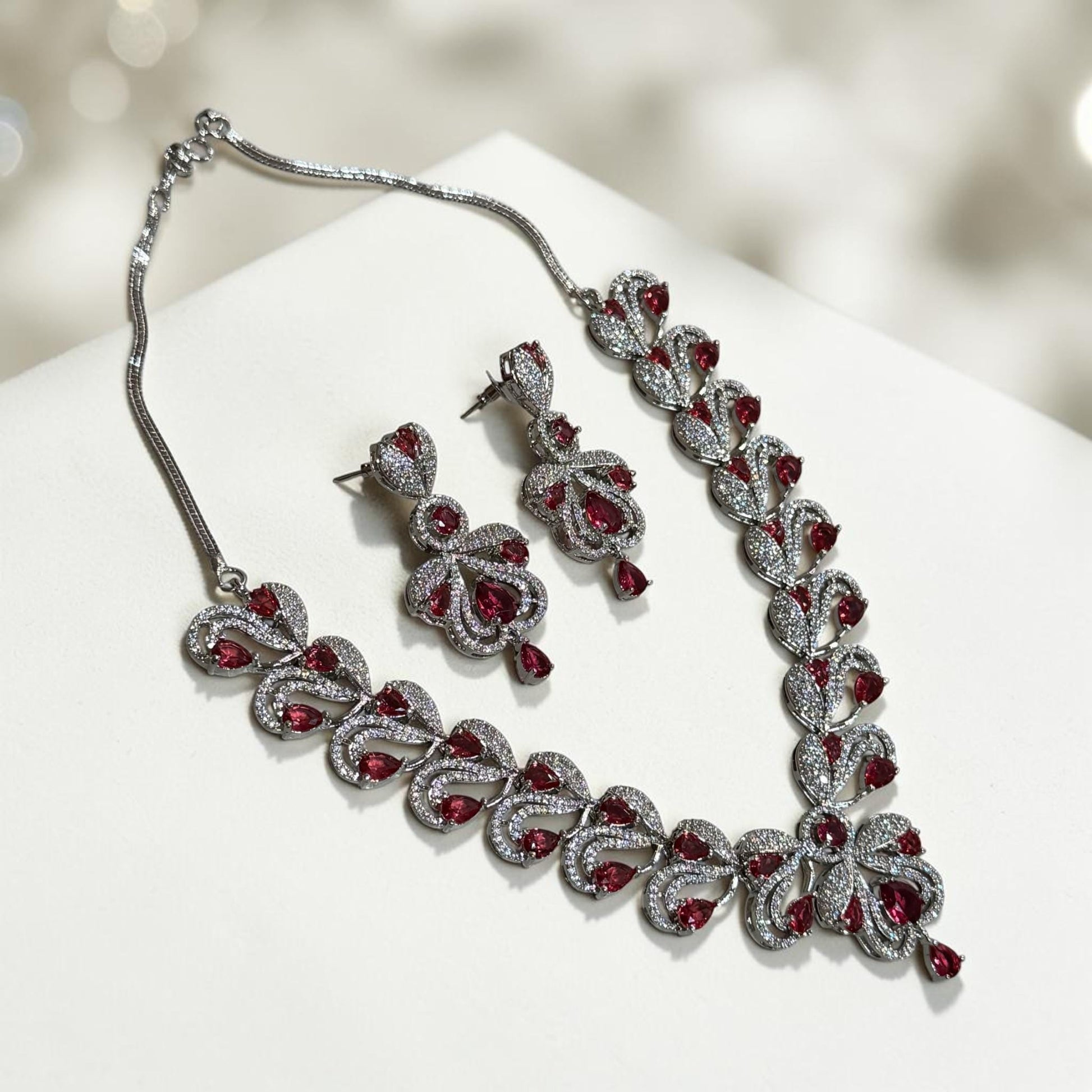 Designer Ruby Pink Necklace Set Featuring Floral Inspired CZ Pattern, Matching Earrings