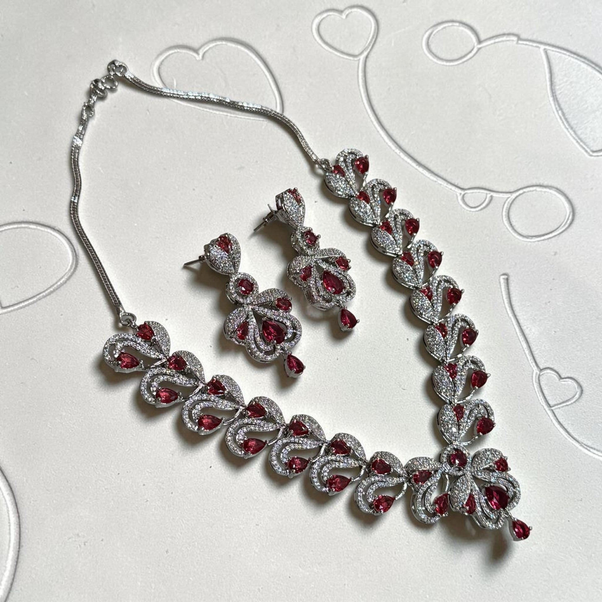 Designer Ruby Pink Necklace Set Featuring Floral Inspired CZ Pattern, Matching Earrings