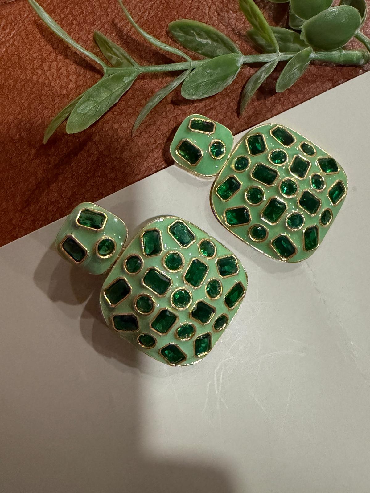 Modern Mint Drop Earrings with Emerald Green Accents, Gold Tone Finish Fashion Earrings,