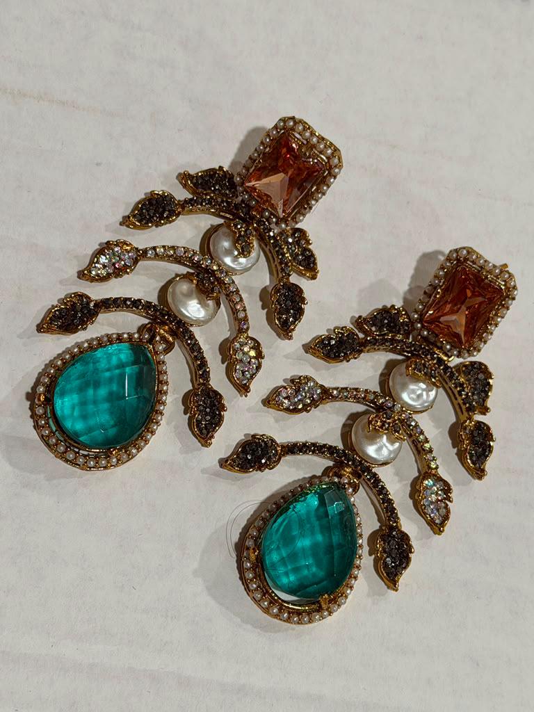 Designer Floral Statement Earrings with Gold Plated Finish and Teal Stones