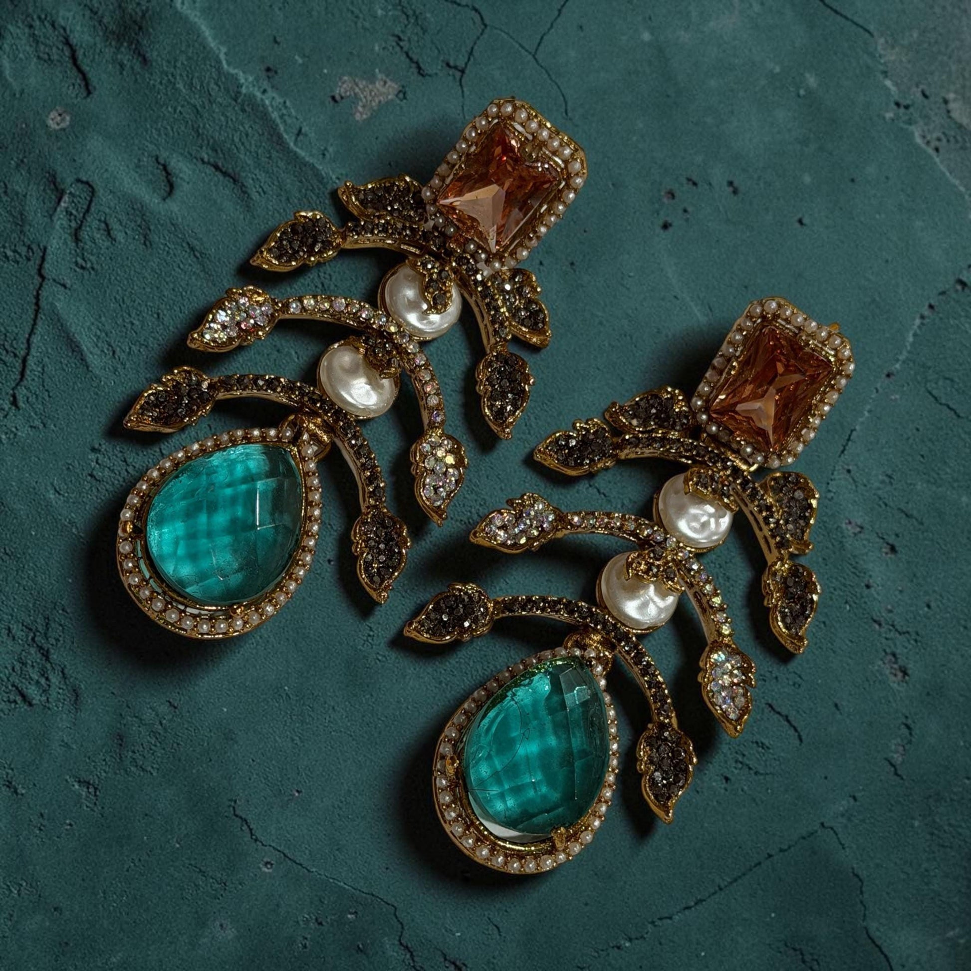 Designer Floral Statement Earrings with Gold Plated Finish and Teal Stones