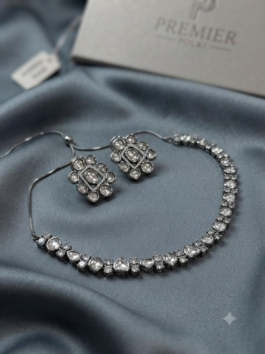 Luxury Rhodium Finish Necklace Set with Geometric Statement Earrings, Timeless Occasion Jewelry