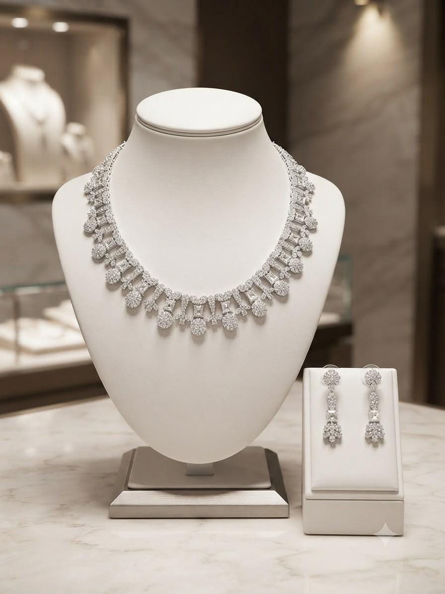 Elegant Rhodium Finish Necklace and Earring Set with Sparkling CZ Stones, Timeless Statement Jewelry