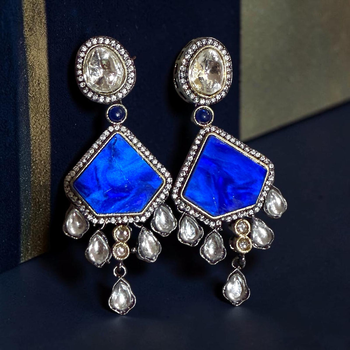 Contemporary Pentagon Drop Earrings Featuring Navy Blue Accents and Modern Designer Style