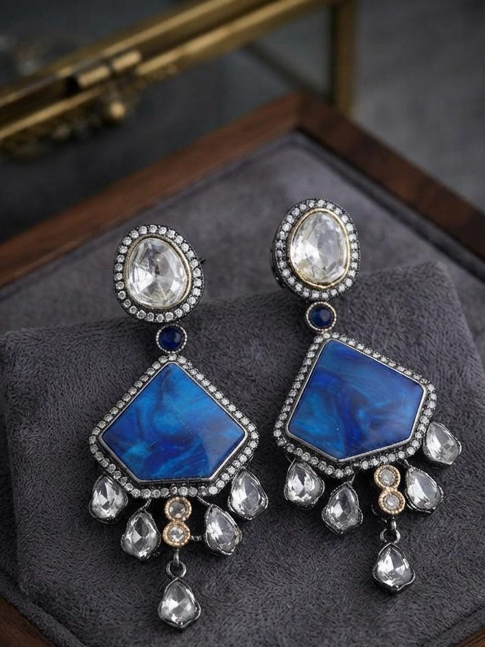 Contemporary Pentagon Drop Earrings Featuring Navy Blue Accents and Modern Designer Style