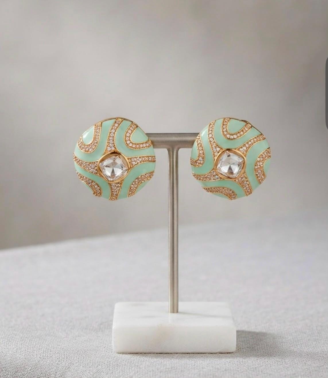 Modern Mint Enamel Gold Plated Disc Earrings, Chic Geometric Stud Earrings for Everyday Style