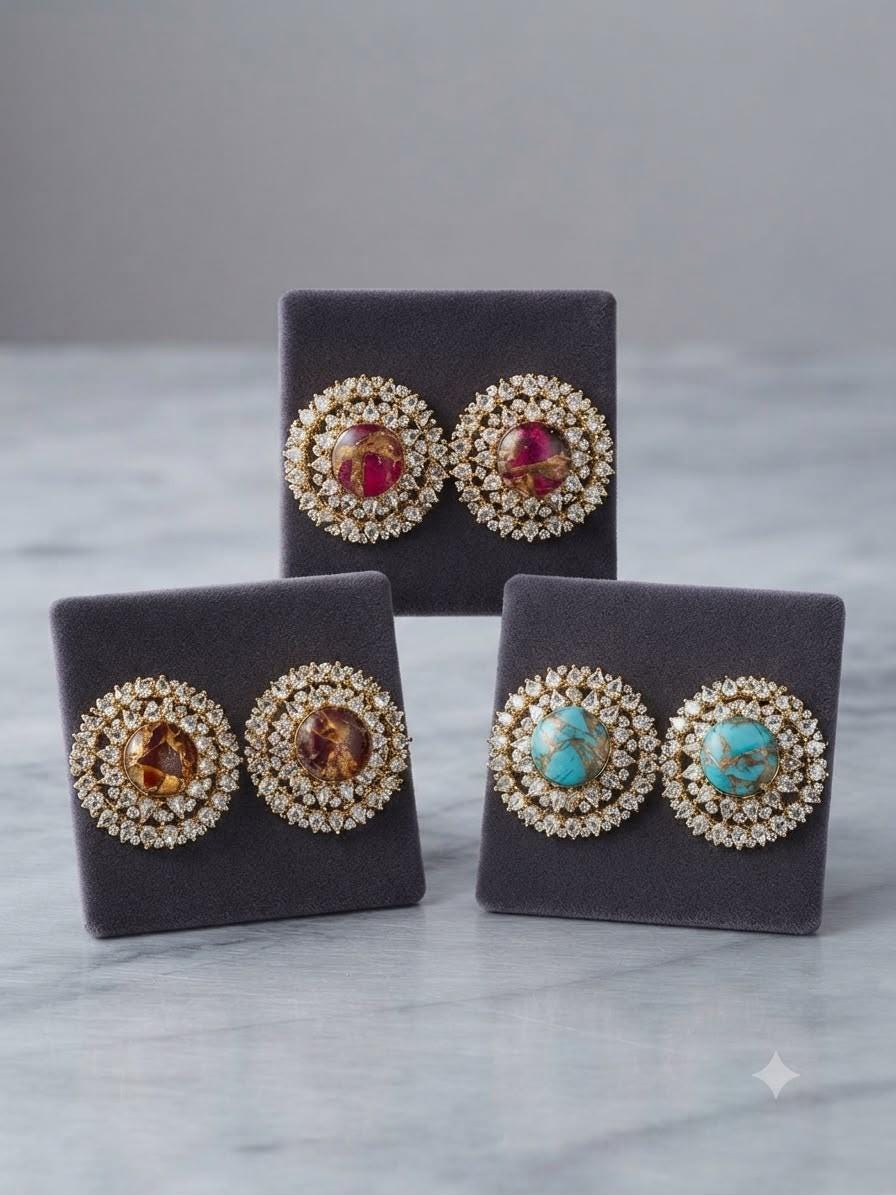 Designer Gold Plated Circular Stud Earrings, Elegant Halo Fashion Earrings with Natural Pattern Detail