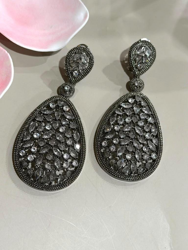 Elegant Black Finish Drop statement Earrings, Oversized Teardrop Filigree Earrings for Party and Evening Wear