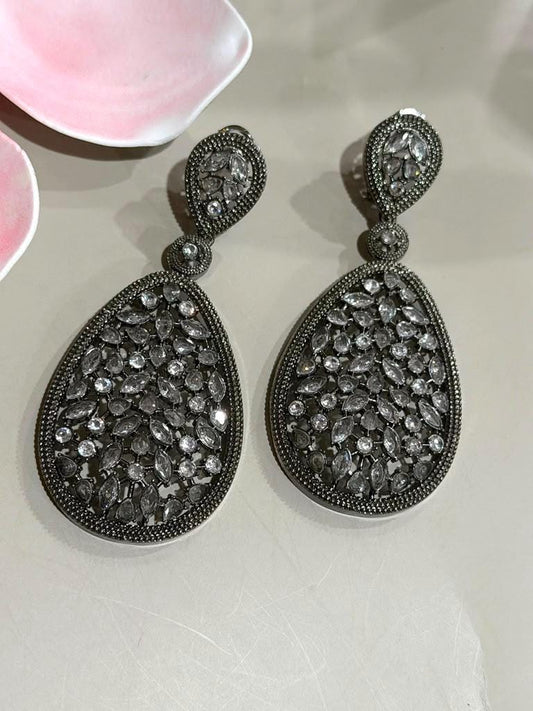 Elegant Black Finish Drop statement Earrings, Oversized Teardrop Filigree Earrings for Party and Evening Wear