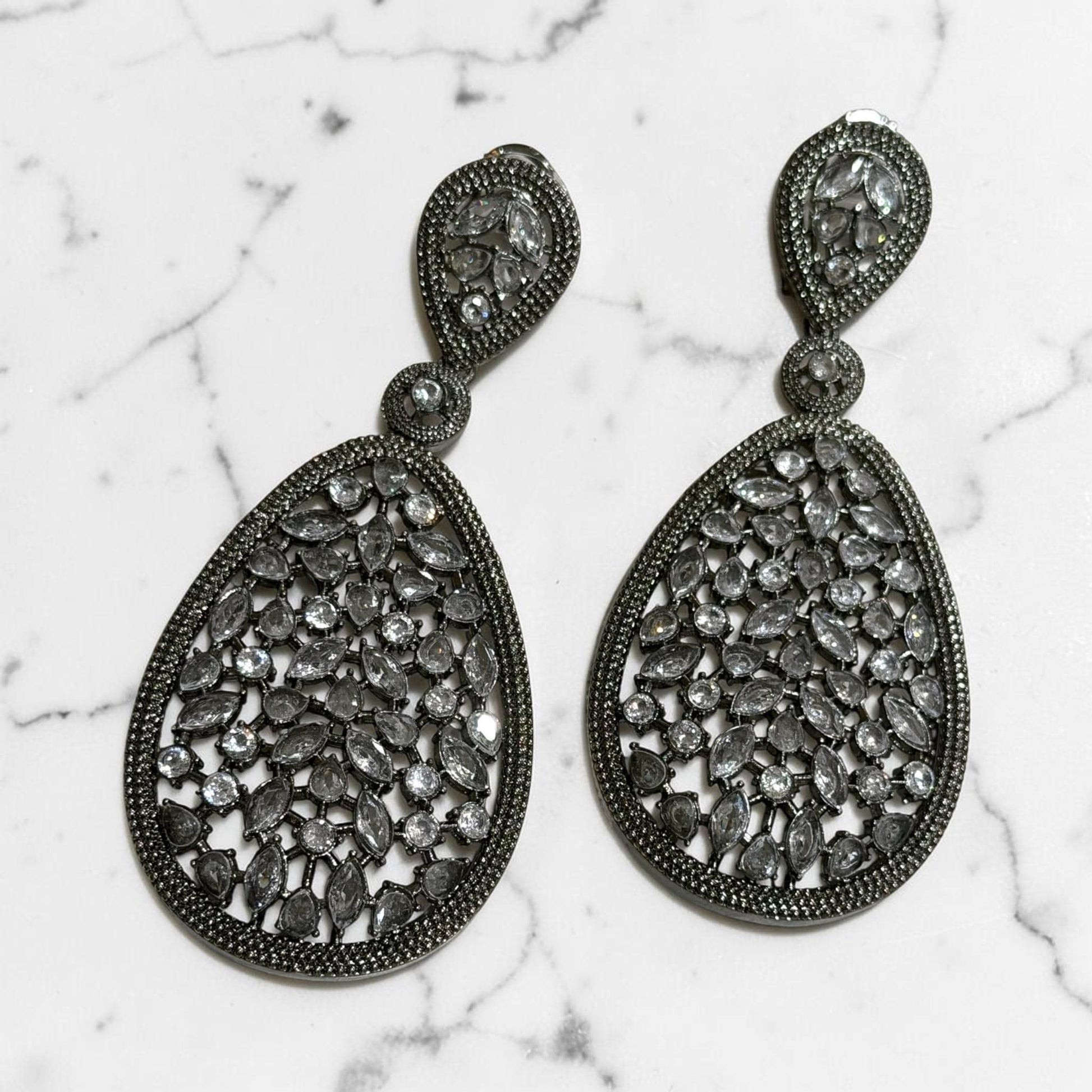 Elegant Black Finish Drop statement Earrings, Oversized Teardrop Filigree Earrings for Party and Evening Wear