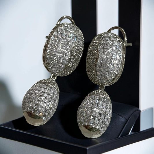 Contemporary Black Finish Drop Earrings, Oversized Oval Fashion Earrings with Sculptural Detail
