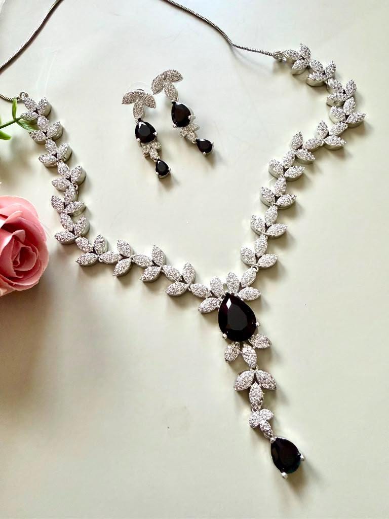 Modern Luxury Leaf Necklace with Coordinated Drop Earrings black onyx color
