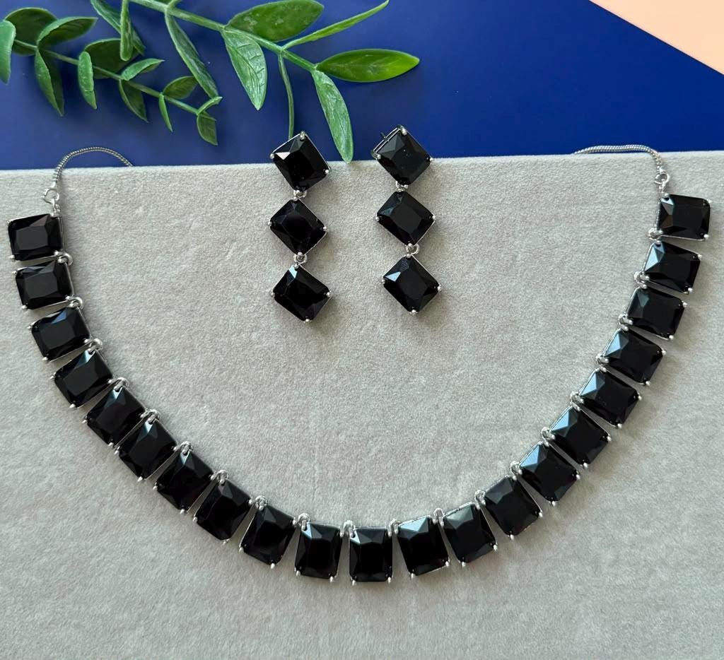Square Cut Gem Necklace Set with Coordinated Statement Earrings black