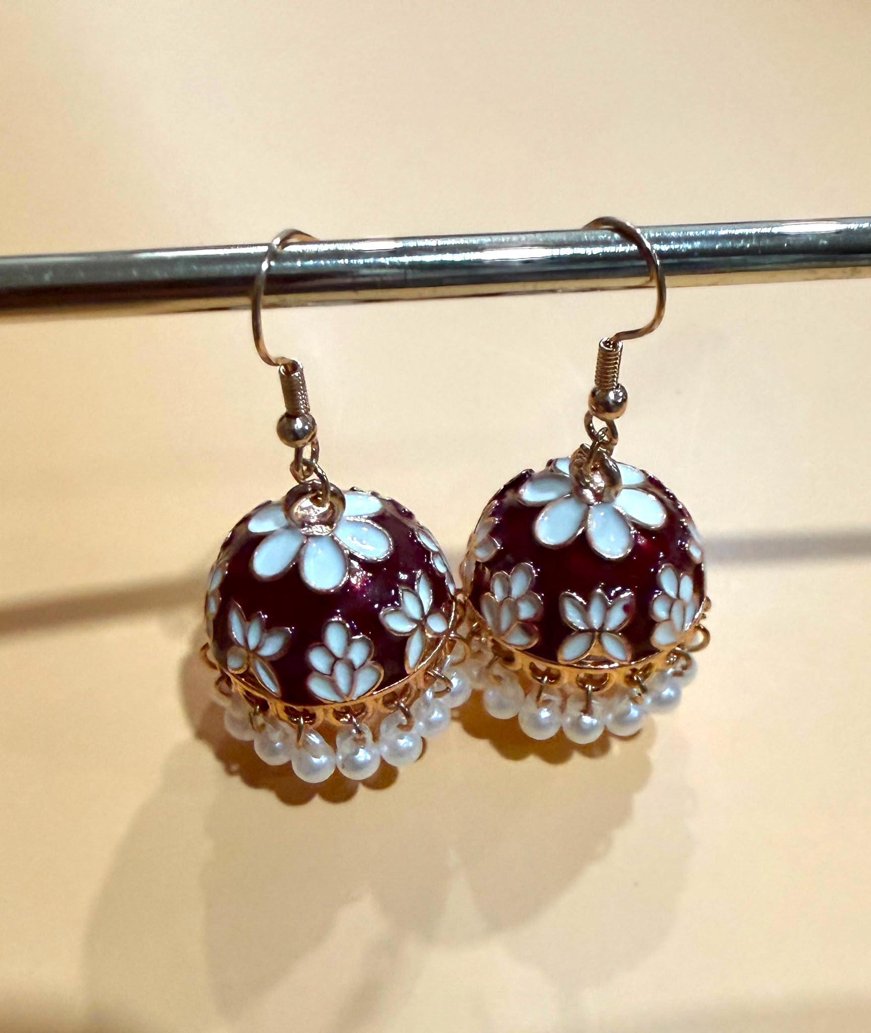 Handcrafted Jhumka Earrings, Floral Dome Earrings, Pearl Dangle