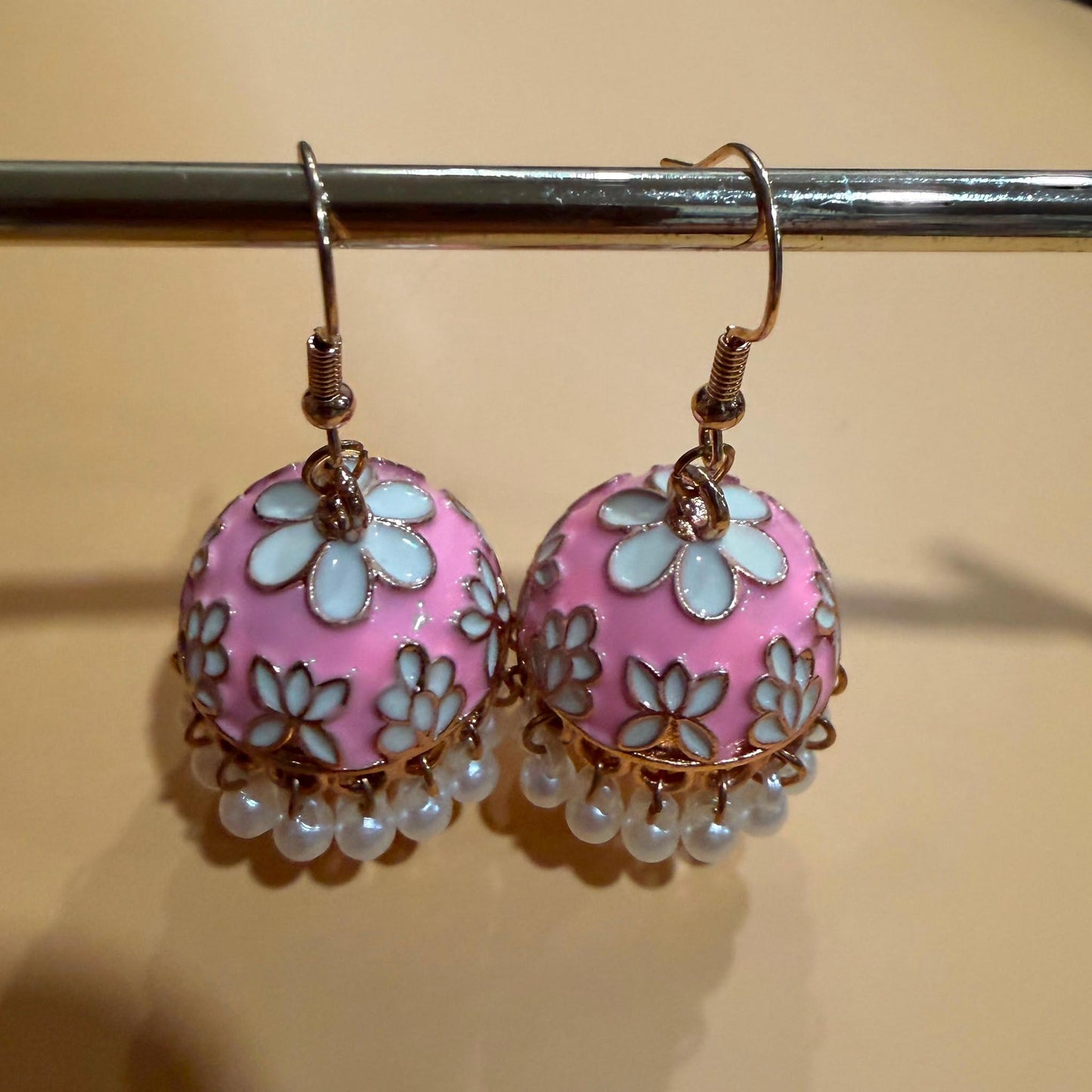 Handcrafted Jhumka Earrings, Floral Dome Earrings, Pearl Dangle
