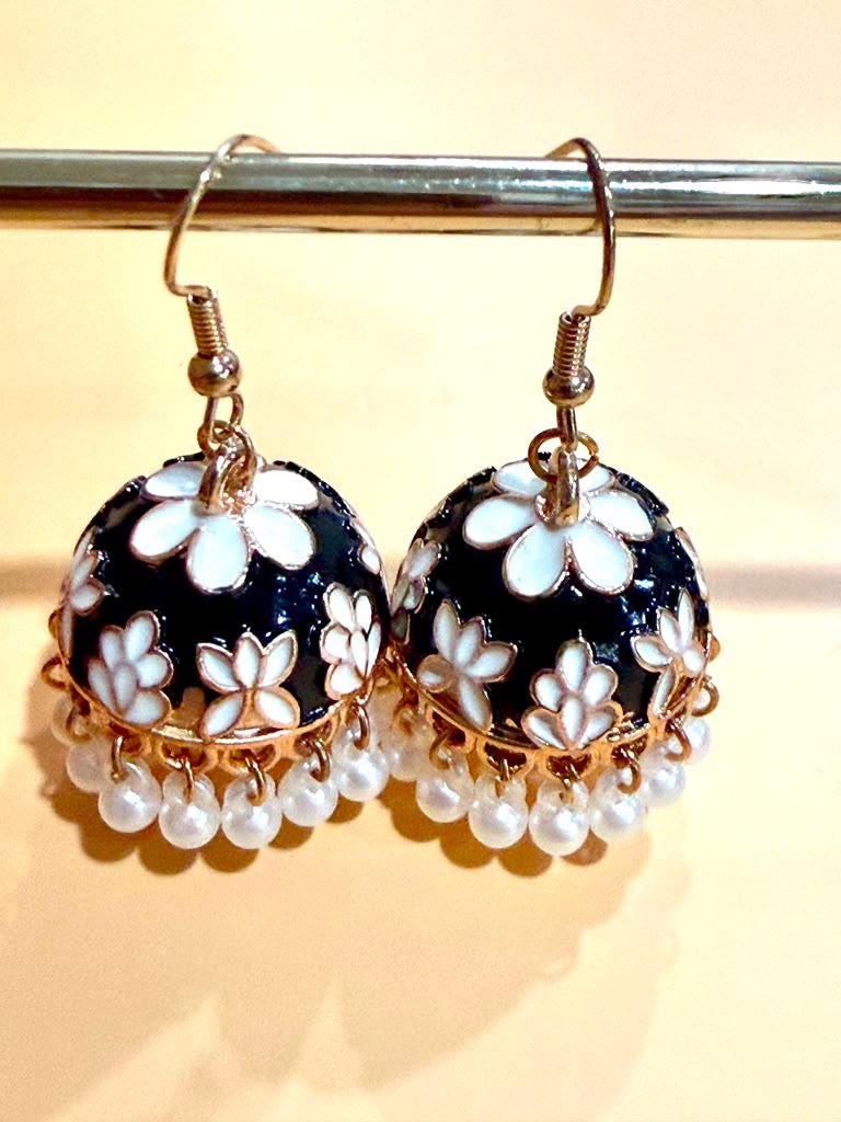 Handcrafted Jhumka Earrings, Floral Dome Earrings, Pearl Dangle
