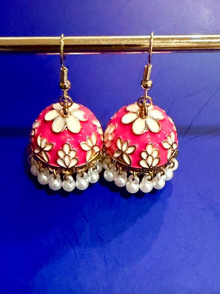 Handcrafted Jhumka Earrings, Floral Dome Earrings, Pearl Dangle