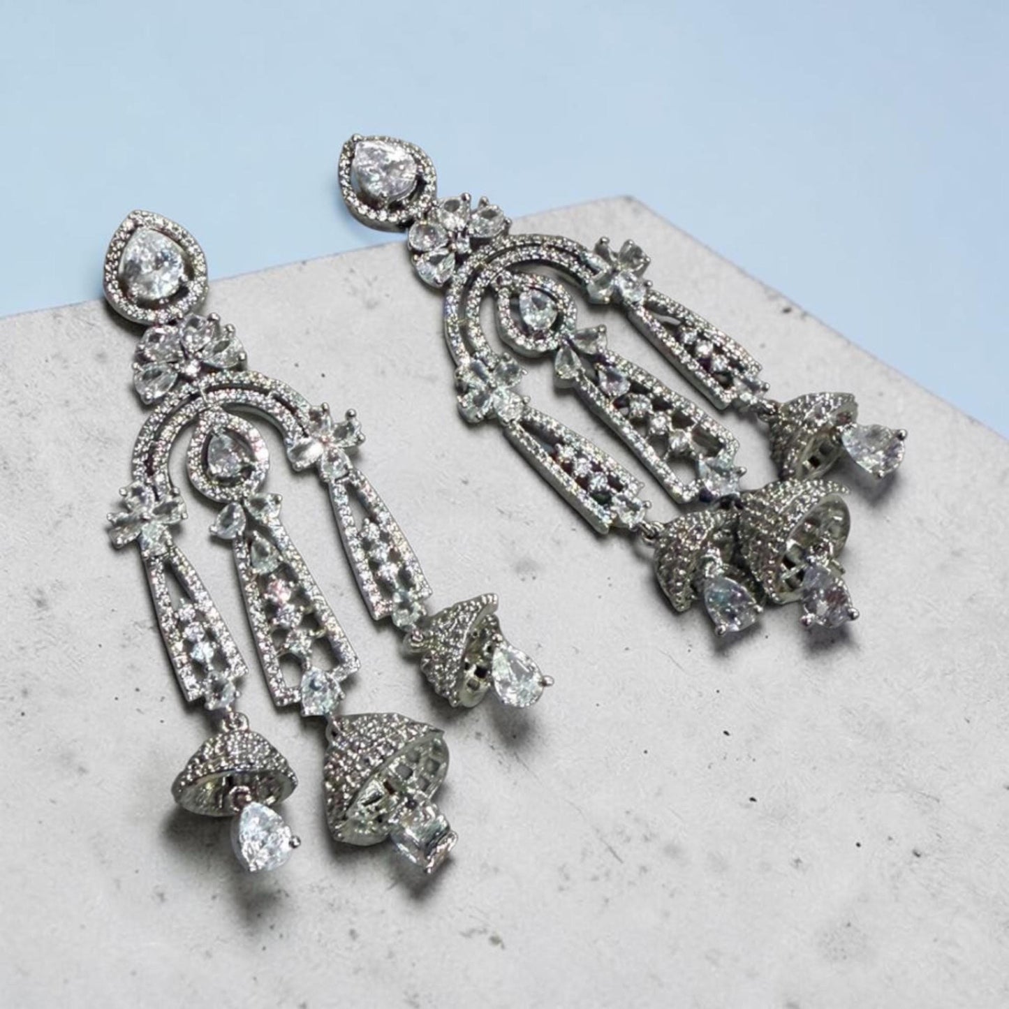 Statement Jhumka Dangle Earrings with Rhodium Finish , Classic Jewelry for Women