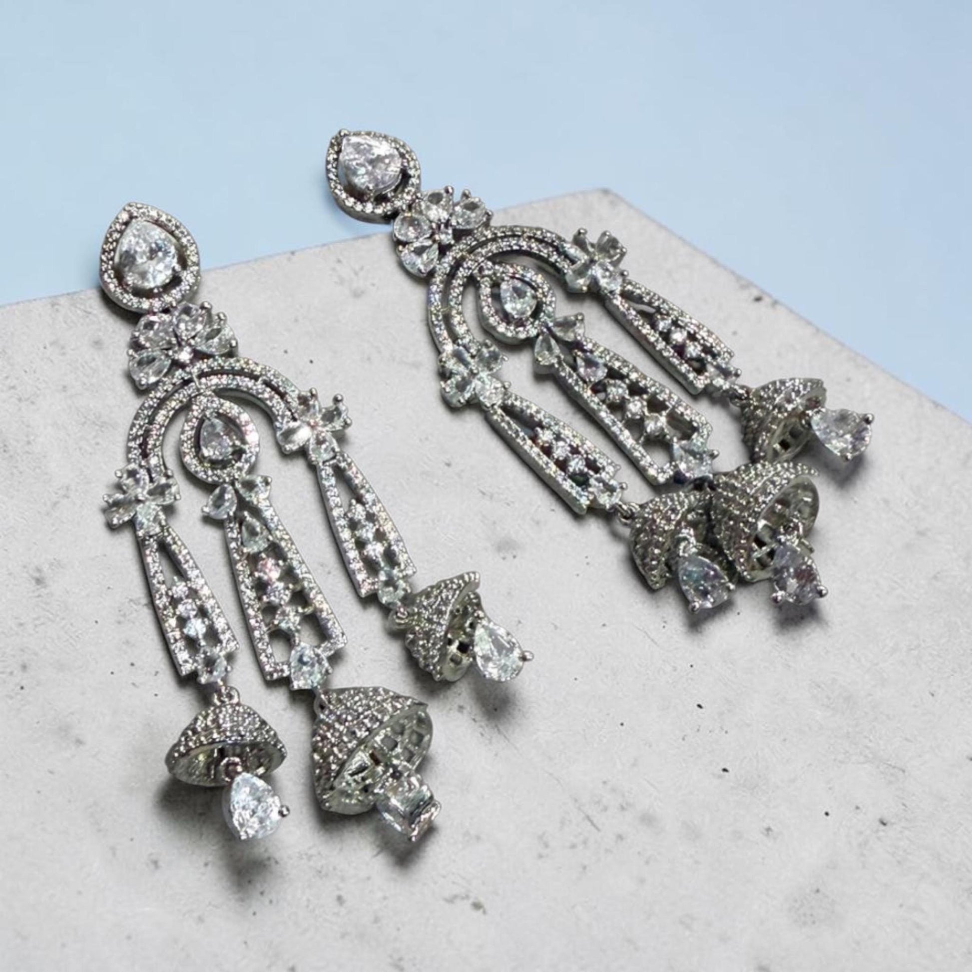 Statement Jhumka Dangle Earrings with Rhodium Finish , Classic Jewelry for Women