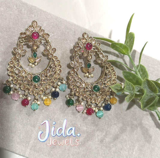 Bohemian Chandbali Earrings in Gold Tone Finish with Colorful Semi-Precious Stones and Pearl Accents