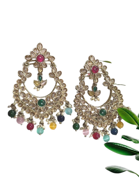 Bohemian Chandbali Earrings in Gold Tone Finish with Colorful Semi-Precious Stones and Pearl Accents