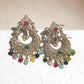 Bohemian Chandbali Earrings in Gold Tone Finish with Colorful Semi-Precious Stones and Pearl Accents