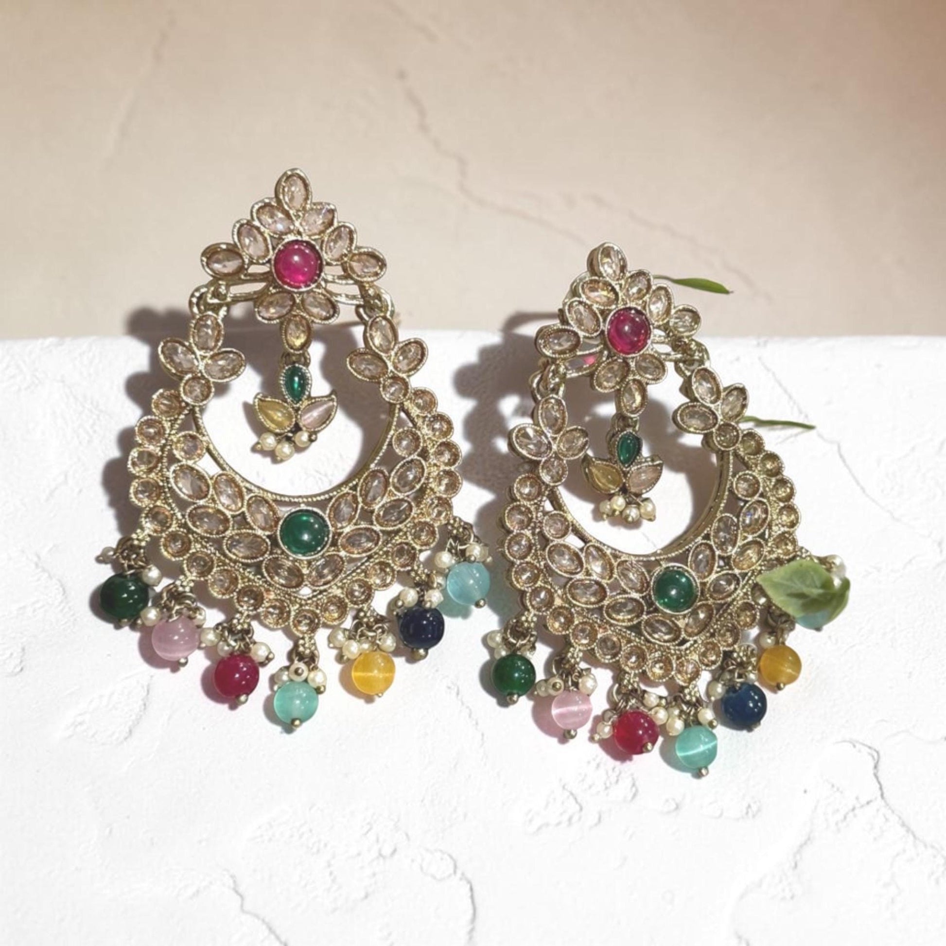 Bohemian Chandbali Earrings in Gold Tone Finish with Colorful Semi-Precious Stones and Pearl Accents