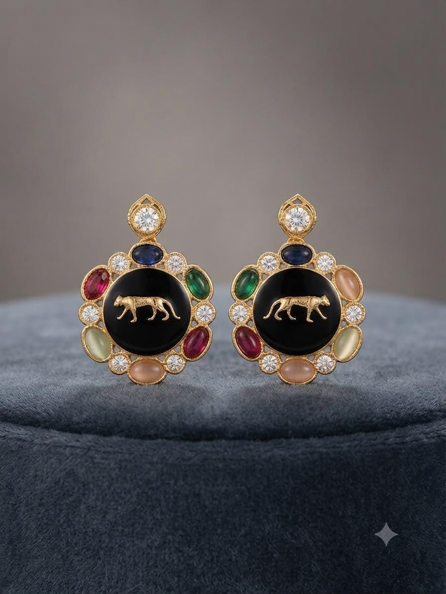 Gold finish Medallion Earrings, Elegant Panther Stud Earrings with Colorful Gem Inspired Details