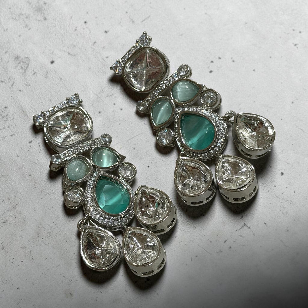 Art Deco Inspired Mint Green Rhodium Finish Earrings with Elegant Statement Drop Design