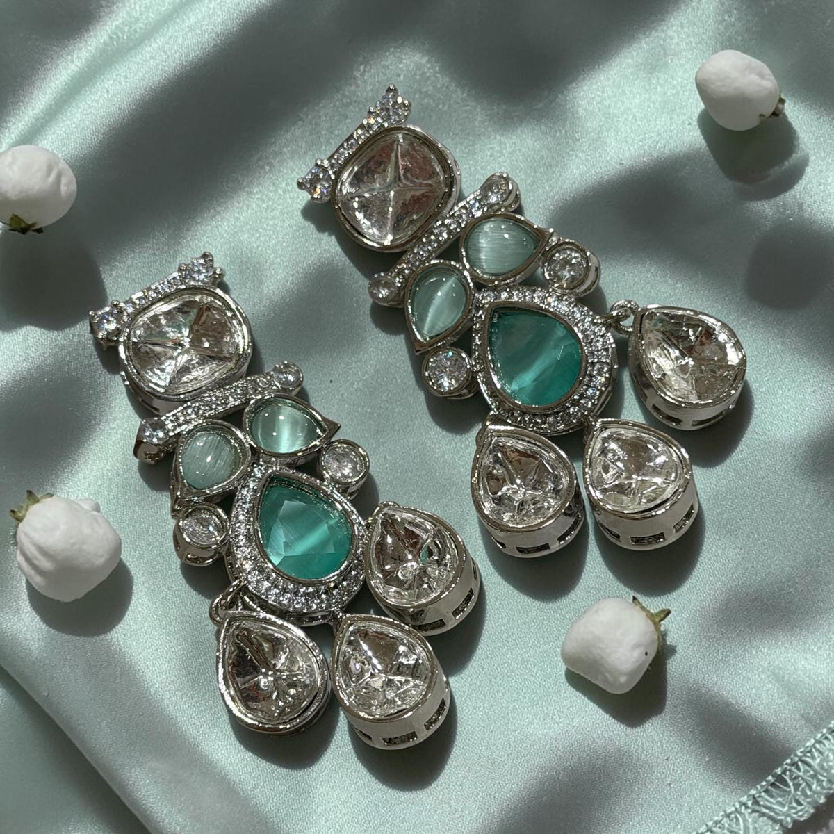 Art Deco Inspired Mint Green Rhodium Finish Earrings with Elegant Statement Drop Design