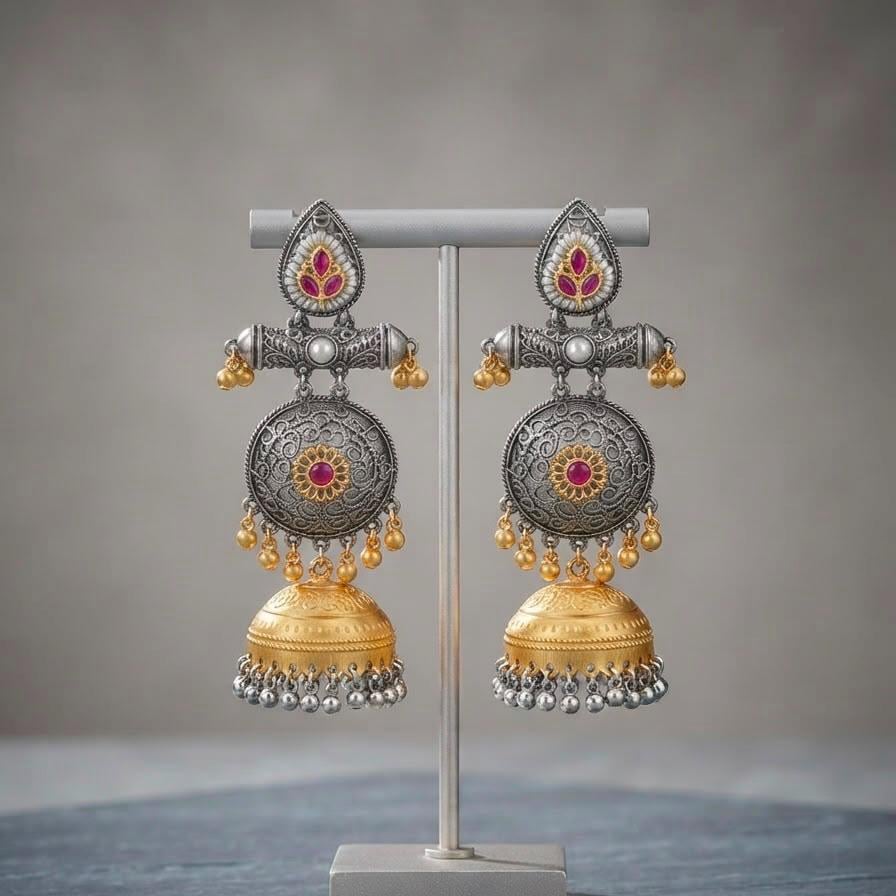 raditional Two Tone Jhumka Earrings with Ornate Filigree Details