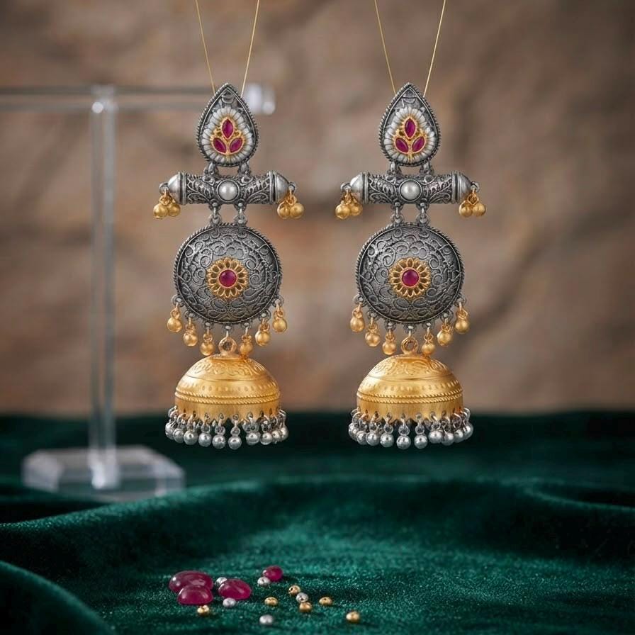 raditional Two Tone Jhumka Earrings with Ornate Filigree Details
