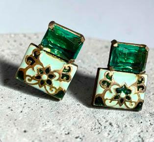 Gold Plated Enamel Statement Earrings, Vintage Inspired Designer Jewelry for Women