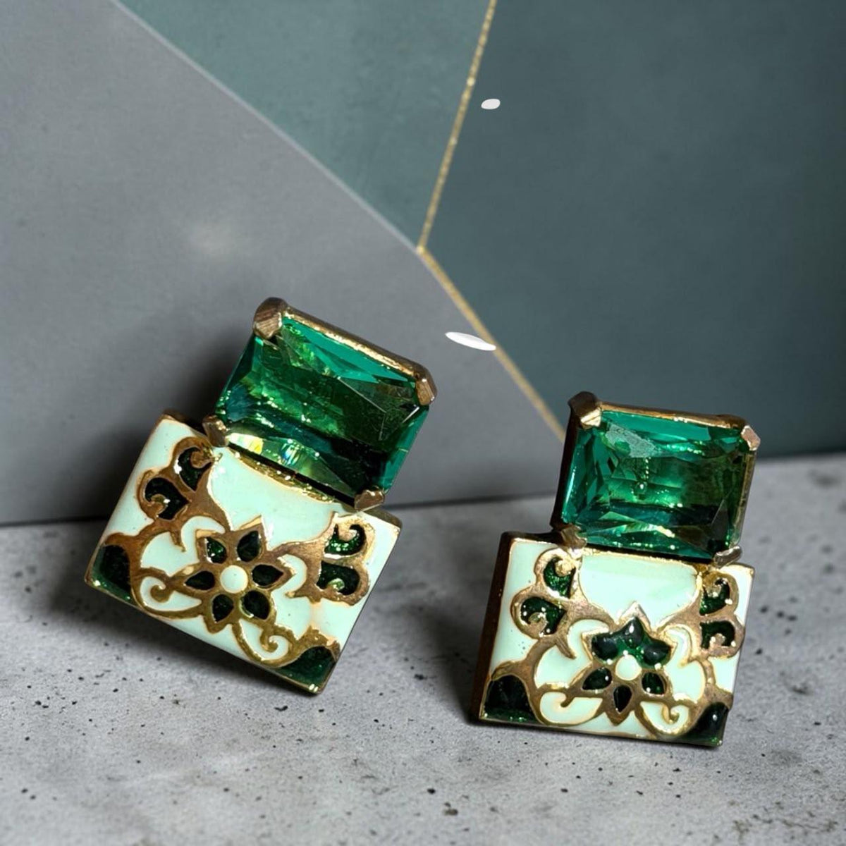 Gold Plated Enamel Statement Earrings, Vintage Inspired Designer Jewelry for Women