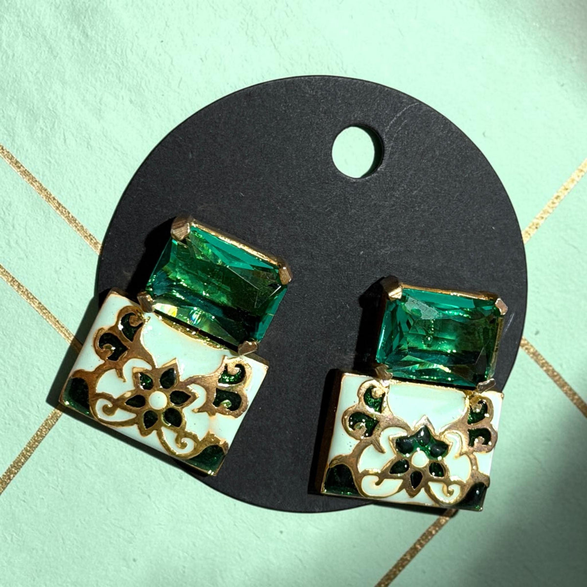 Gold Plated Enamel Statement Earrings, Vintage Inspired Designer Jewelry for Women